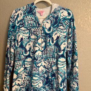 Lilly Pulitzer Elephant Print Half-Zip Hoodie Pullover – Size M Blue/Teal